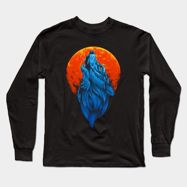 Wolf Head Illustration Long Sleeve T-Shirt by Mako Design 